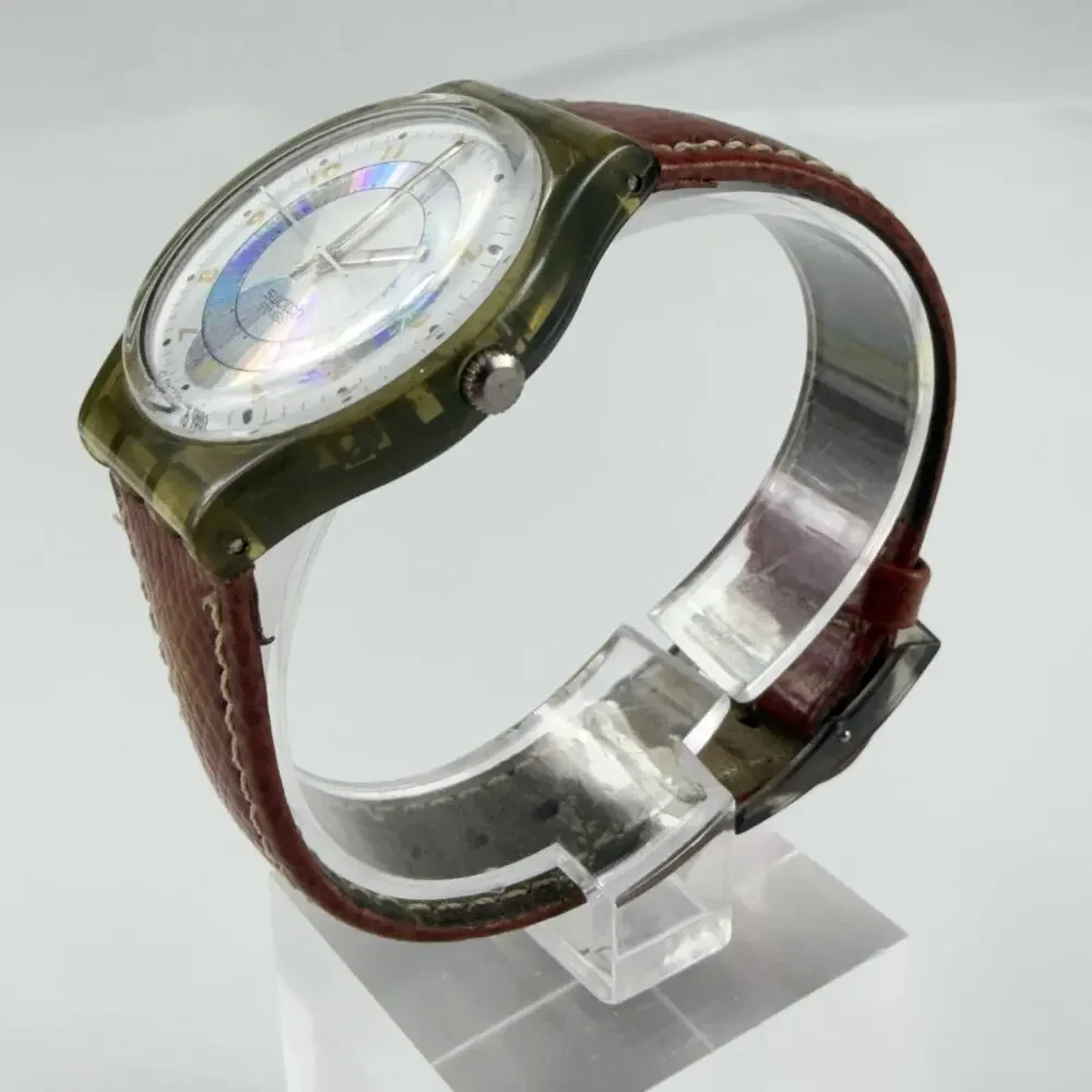 Vintage Swatch Mens Watch Orly GM110 34mm White Dial Brown Leather Strap Swiss